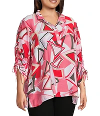 Ali Miles Plus Size Abstract Print Wire Collar 3/4 Cinch Tie Sleeve Tunic