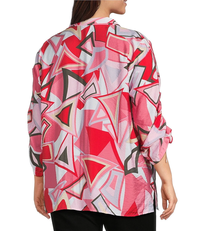 Ali Miles Plus Size Abstract Print Wire Collar 3/4 Cinch Tie Sleeve Tunic