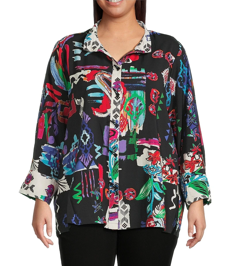 Ali Miles Plus Size Abstract Printed Woven Wire Collar 3/4 Sleeve Button Front Tunic