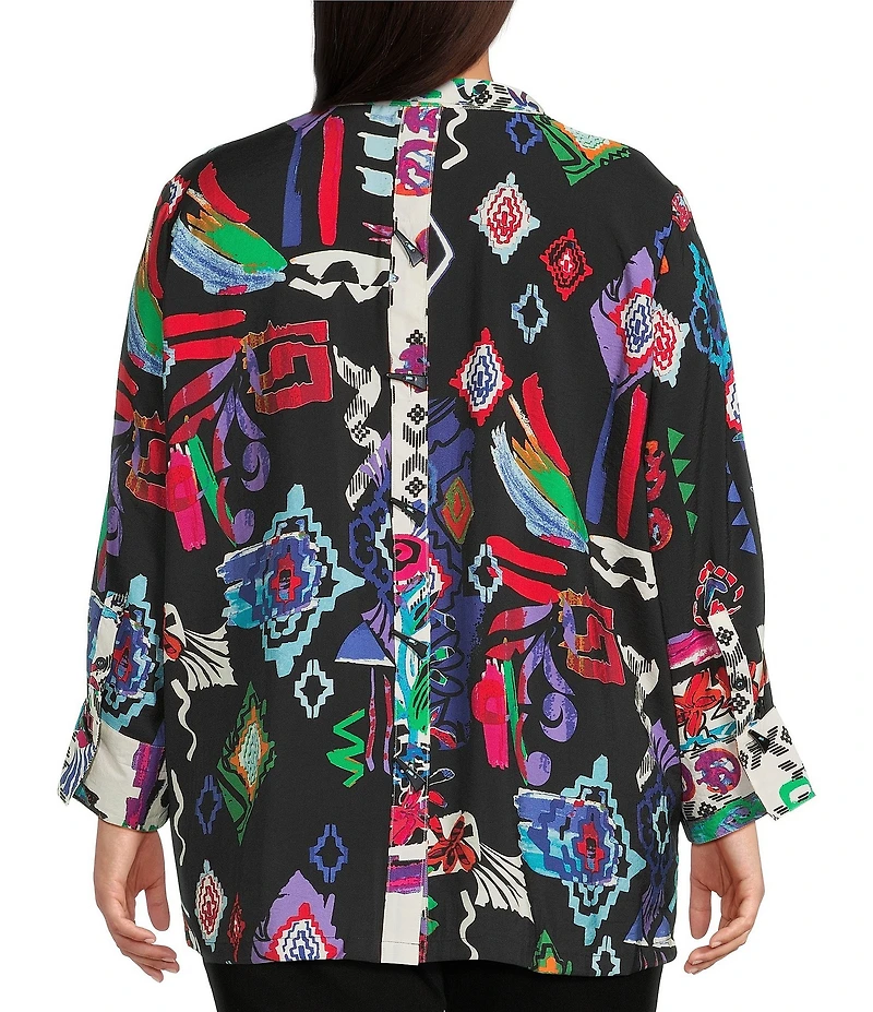 Ali Miles Plus Size Abstract Printed Woven Wire Collar 3/4 Sleeve Button Front Tunic