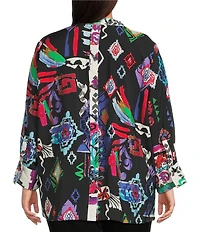 Ali Miles Plus Size Abstract Printed Woven Wire Collar 3/4 Sleeve Button Front Tunic