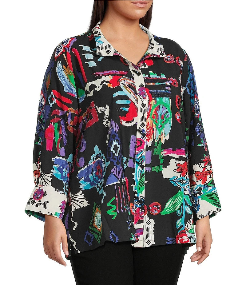 Ali Miles Plus Size Abstract Printed Woven Wire Collar 3/4 Sleeve Button Front Tunic