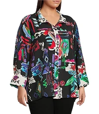 Ali Miles Plus Size Abstract Printed Woven Wire Collar 3/4 Sleeve Button Front Tunic