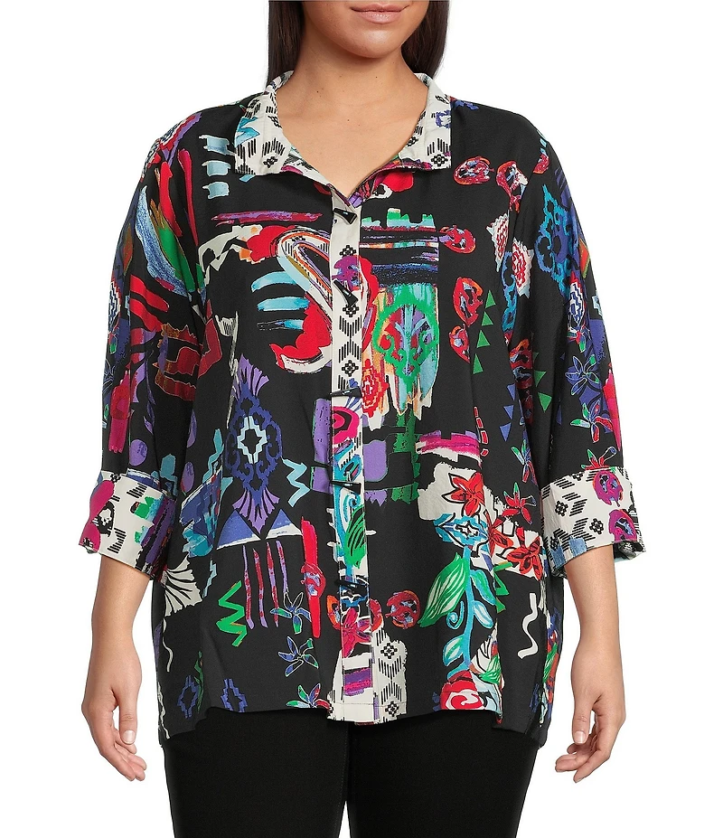 Ali Miles Plus Size Abstract Printed Woven Wire Collar 3/4 Sleeve Button Front Tunic