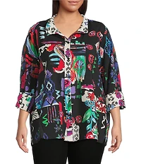 Ali Miles Plus Size Abstract Printed Woven Wire Collar 3/4 Sleeve Button Front Tunic
