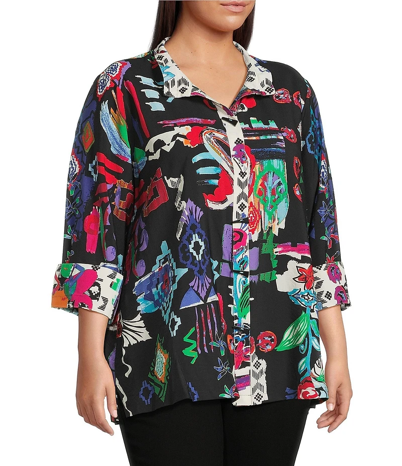 Ali Miles Plus Size Abstract Printed Woven Wire Collar 3/4 Sleeve Button Front Tunic