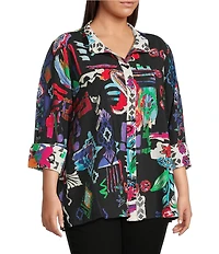 Ali Miles Plus Size Abstract Printed Woven Wire Collar 3/4 Sleeve Button Front Tunic
