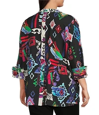 Ali Miles Plus Size Abstract Printed Woven Wire Collar 3/4 Sleeve Button Front Tunic