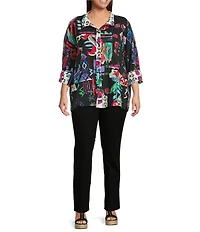 Ali Miles Plus Size Abstract Printed Woven Wire Collar 3/4 Sleeve Button Front Tunic