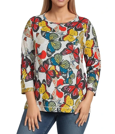 Ali Miles Plus Size All-Over Butterfly Round Neck 3/4 Sleeve Tunic