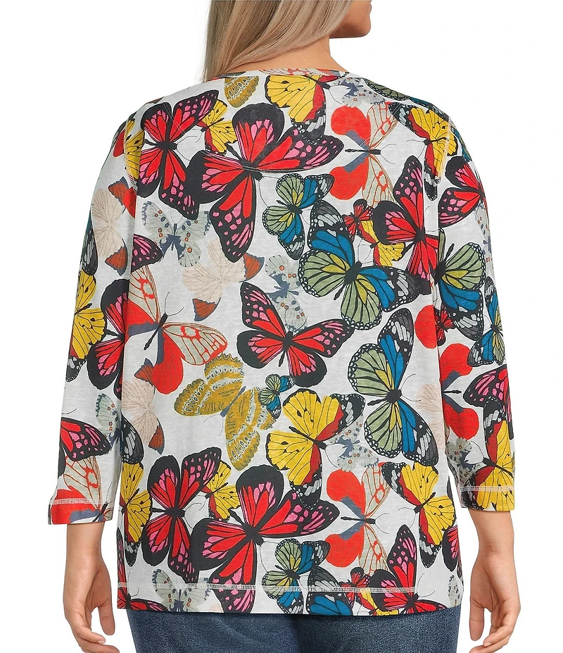 Ali Miles Plus Size All-Over Butterfly Round Neck 3/4 Sleeve Tunic
