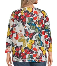 Ali Miles Plus Size All-Over Butterfly Round Neck 3/4 Sleeve Tunic