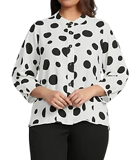 Ali Miles Plus Size All-Over Dot Print Banded Collar 3/4 Sleeve Hi-Low Hem Button-Front Blouse