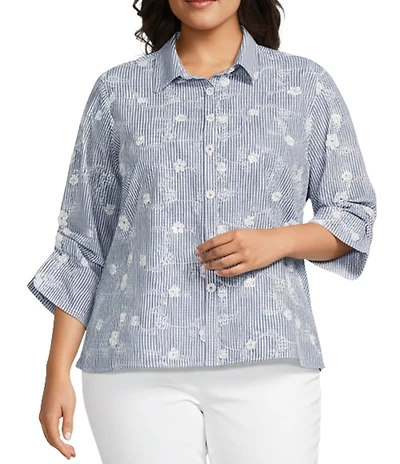 Ali Miles Plus Size All Over Embroidered Floral Eyelet Point Collar 3/4 Sleeve Button Front Tunic