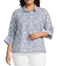 Ali Miles Plus Size All Over Embroidered Floral Eyelet Point Collar 3/4 Sleeve Button Front Tunic