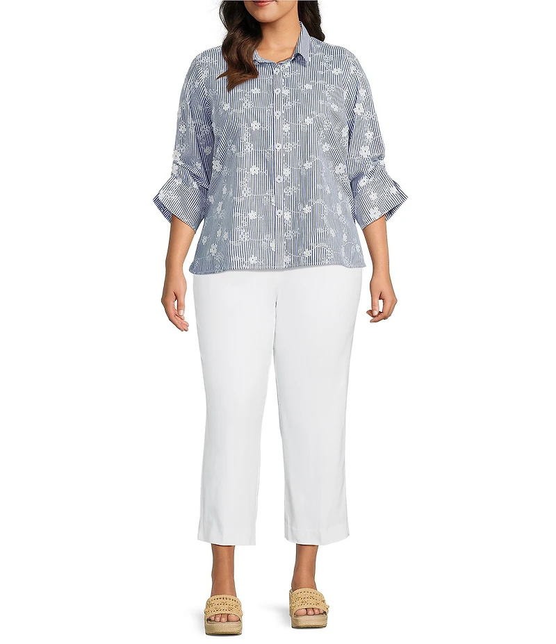 Ali Miles Plus Size All Over Embroidered Floral Eyelet Point Collar 3/4 Sleeve Button Front Tunic