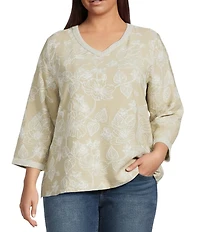 Ali Miles Plus Size All Over Floral Embroidered V-Neck 3/4 Sleeve Tunic