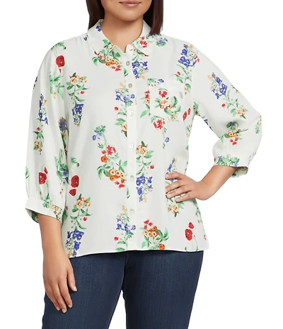 Ali Miles Plus Size All-Over Floral Multi Print Point Collar Elbow Sleeve Button-Front Tunic