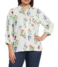 Ali Miles Plus Size All-Over Floral Multi Print Point Collar Elbow Sleeve Button-Front Tunic