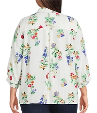 Ali Miles Plus Size All-Over Floral Multi Print Point Collar Elbow Sleeve Button-Front Tunic