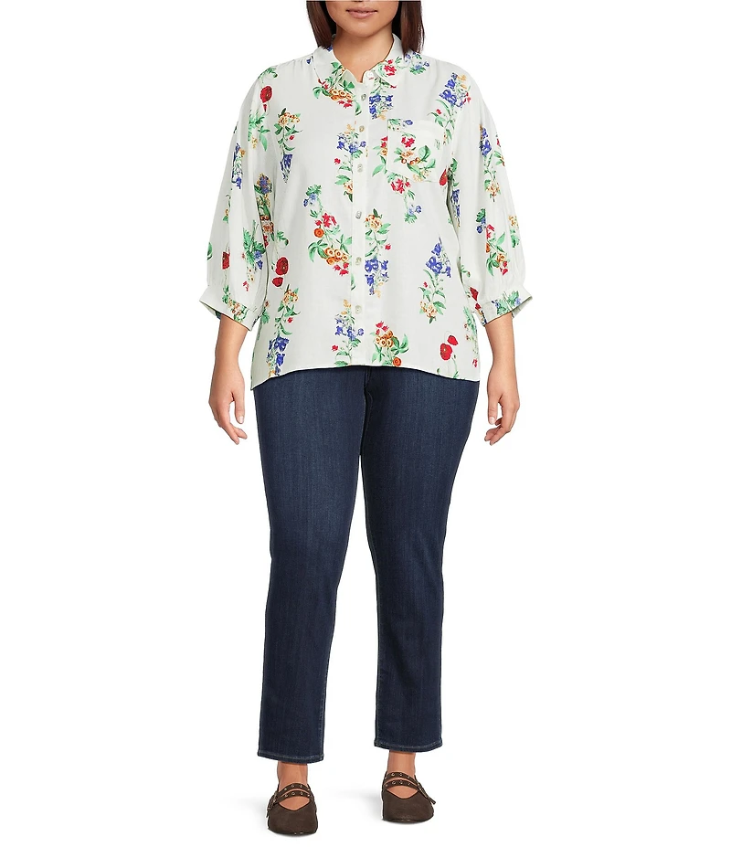 Ali Miles Plus Size All-Over Floral Multi Print Point Collar Elbow Sleeve Button-Front Tunic