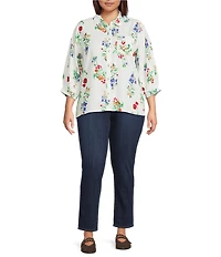 Ali Miles Plus Size All-Over Floral Multi Print Point Collar Elbow Sleeve Button-Front Tunic