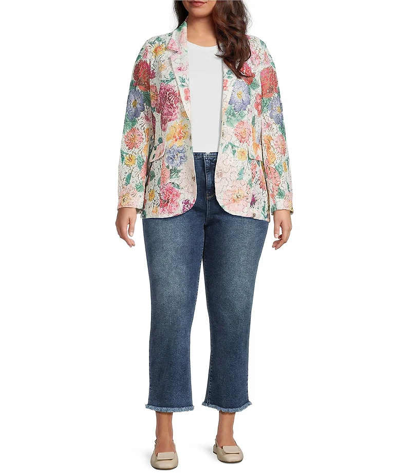 Ali Miles Plus Size All Over Floral Notch Lapel Collar Long Sleeve Button Front Sequin Jacket