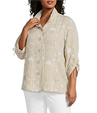 Ali Miles Plus Size All-Over Geo Print Point Collar 3/4 Cinch Sleeve Button-Front Tunic