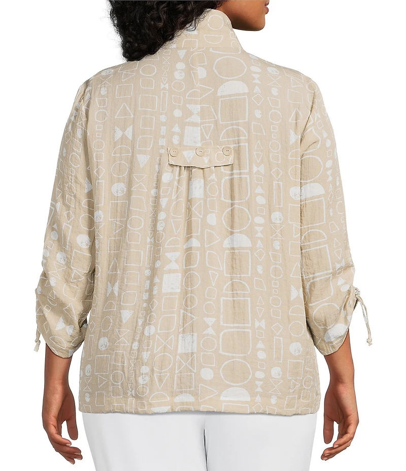 Ali Miles Plus Size All-Over Geo Print Point Collar 3/4 Cinch Sleeve Button-Front Tunic