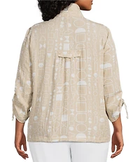 Ali Miles Plus Size All-Over Geo Print Point Collar 3/4 Cinch Sleeve Button-Front Tunic