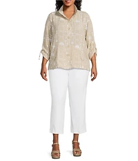 Ali Miles Plus Size All-Over Geo Print Point Collar 3/4 Cinch Sleeve Button-Front Tunic