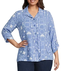 Ali Miles Plus Size All-Over Geo Print Point Collar 3/4 Cinch Sleeve Button-Front Tunic
