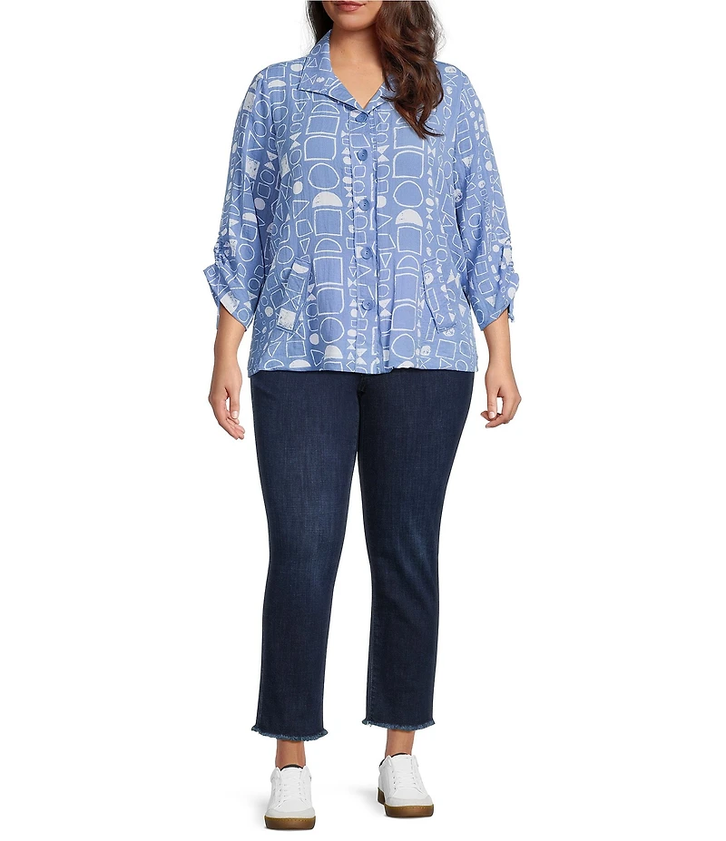 Ali Miles Plus Size All-Over Geo Print Point Collar 3/4 Cinch Sleeve Button-Front Tunic