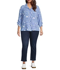 Ali Miles Plus Size All-Over Geo Print Point Collar 3/4 Cinch Sleeve Button-Front Tunic