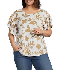 Ali Miles Plus Size Allover Leaf Print Round Neck Short Ruffle Sleeve Top