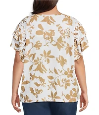Ali Miles Plus Size Allover Leaf Print Round Neck Short Ruffle Sleeve Top