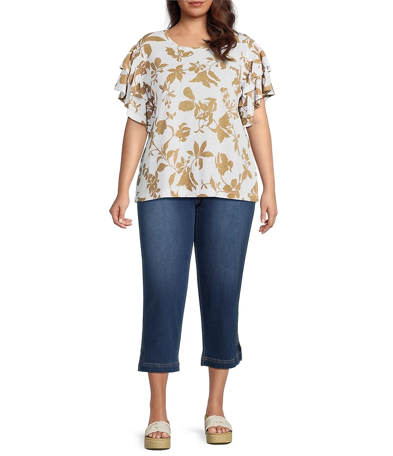 Ali Miles Plus Size Allover Leaf Print Round Neck Short Ruffle Sleeve Top