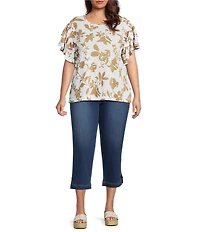 Ali Miles Plus Size Allover Leaf Print Round Neck Short Ruffle Sleeve Top