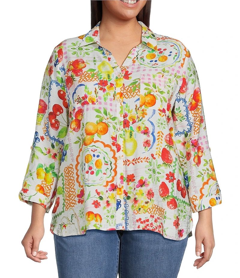 Ali Miles Plus Size Allover Multi Fruit Print Point Collar 3/4 Roll-Tab Sleeve Button-Front Shirt