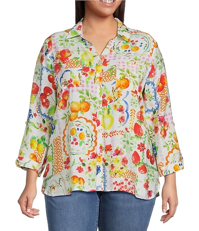 Ali Miles Plus Size Allover Multi Fruit Print Point Collar 3/4 Roll-Tab Sleeve Button-Front Shirt