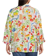 Ali Miles Plus Size Allover Multi Fruit Print Point Collar 3/4 Roll-Tab Sleeve Button-Front Shirt