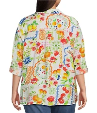 Ali Miles Plus Size Allover Multi Fruit Print Point Collar 3/4 Roll-Tab Sleeve Button-Front Shirt