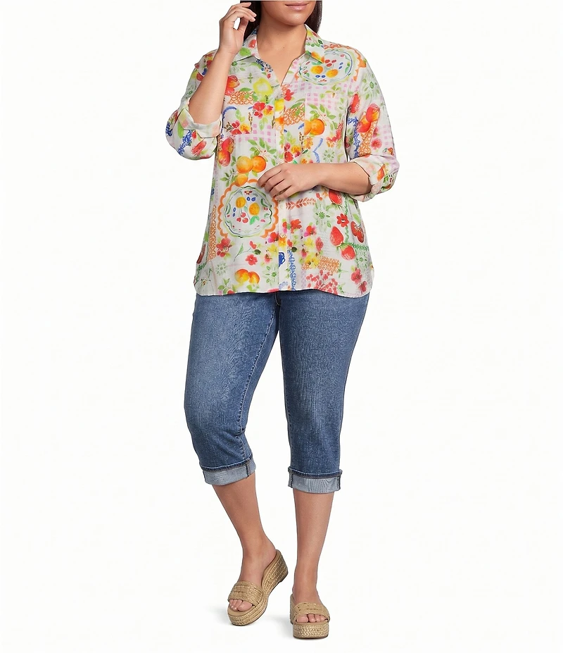 Ali Miles Plus Size Allover Multi Fruit Print Point Collar 3/4 Roll-Tab Sleeve Button-Front Shirt