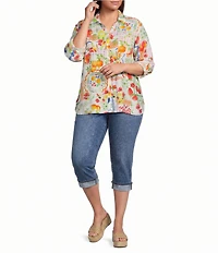 Ali Miles Plus Size Allover Multi Fruit Print Point Collar 3/4 Roll-Tab Sleeve Button-Front Shirt