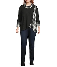 Ali Miles Plus Size Brushed Buffalo Plaid Textured Knit Cowl Neck 3/4 Sleeve Pullover Tunic