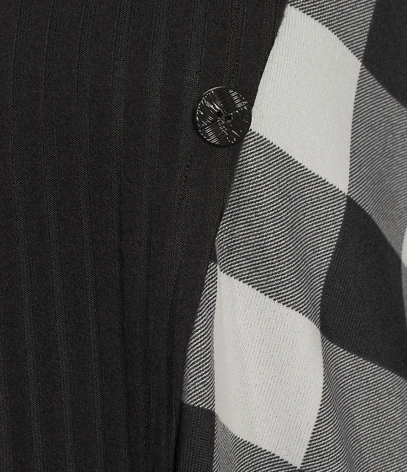 Ali Miles Plus Size Brushed Buffalo Plaid Textured Knit Cowl Neck 3/4 Sleeve Pullover Tunic