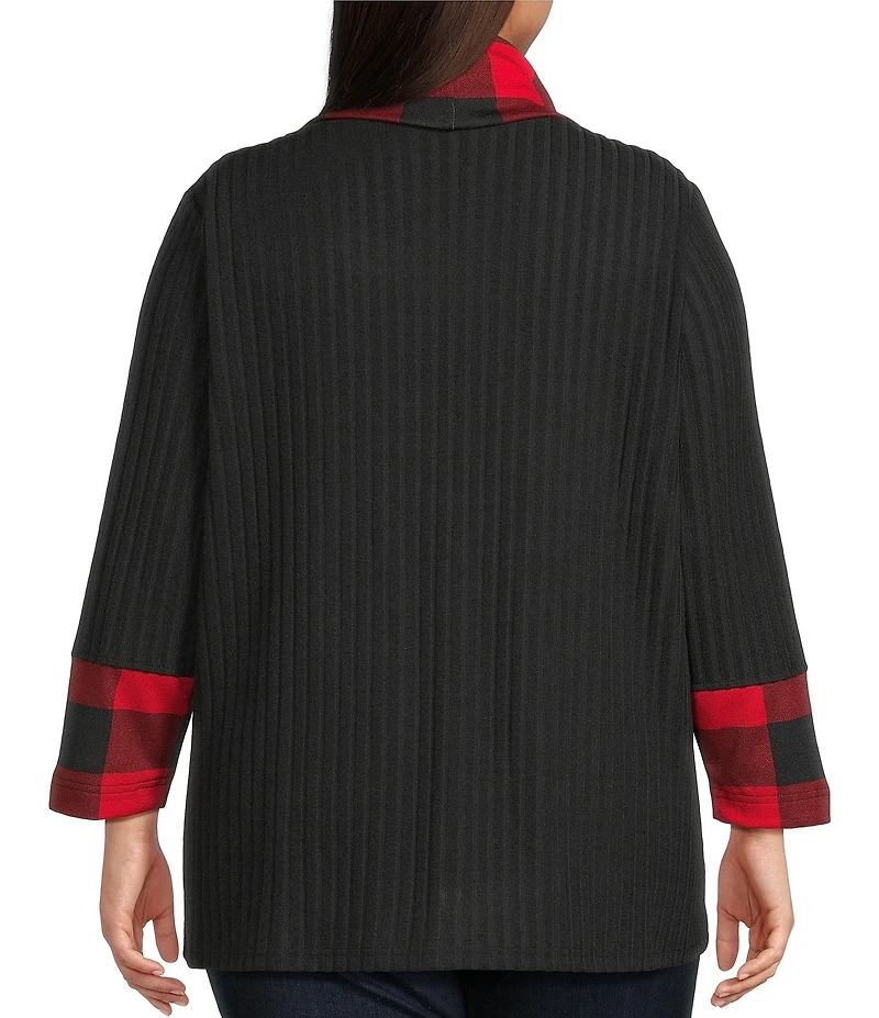 Ali Miles Plus Size Brushed Buffalo Plaid Textured Knit Cowl Neck 3/4 Sleeve Pullover Tunic