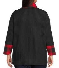 Ali Miles Plus Size Brushed Buffalo Plaid Textured Knit Cowl Neck 3/4 Sleeve Pullover Tunic