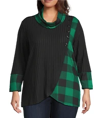 Ali Miles Plus Size Brushed Buffalo Plaid Textured Knit Cowl Neck 3/4 Sleeve Pullover Tunic