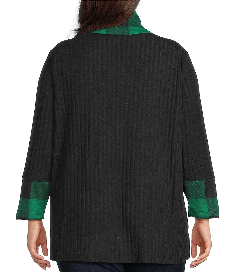 Ali Miles Plus Size Brushed Buffalo Plaid Textured Knit Cowl Neck 3/4 Sleeve Pullover Tunic